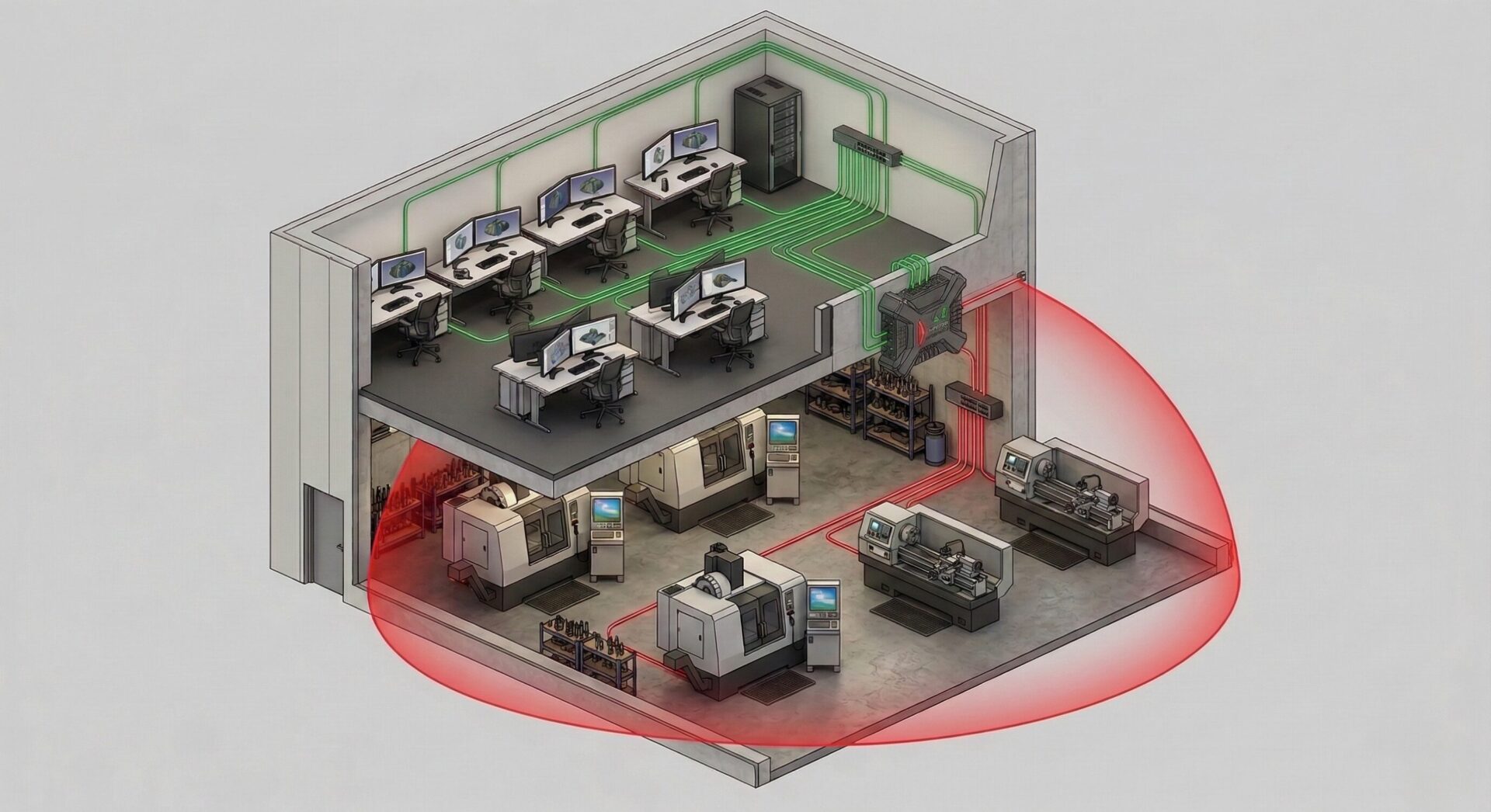 Workstations on the business network and old CNC machines are on a separate, isolated network, but workstations can still connect to old CNC machines